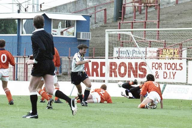 Tony Ellis completes his hat-trick against Blackpool