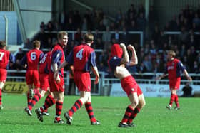 Andy Saville pulls his shirt over his head to celebrate scoring Preston's second goal at Hartlepool in April 1996