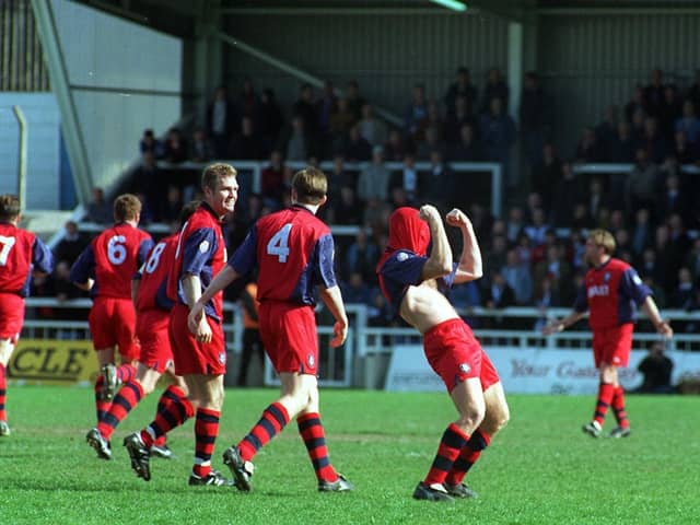 Andy Saville pulls his shirt over his head to celebrate scoring Preston's second goal at Hartlepool in April 1996