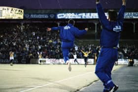 PNE manager John Beck (right) and assistant Gary Peters celebrate Paul Raynor's winner against Torquay in the play-offs in May 1994