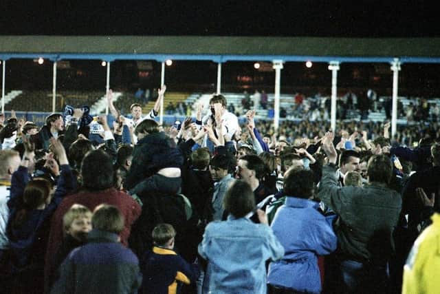 PNE players Paul Raynor and David Moyes are carried shoulder high by the North End fans after the play-off semi-final victory over Torquay
