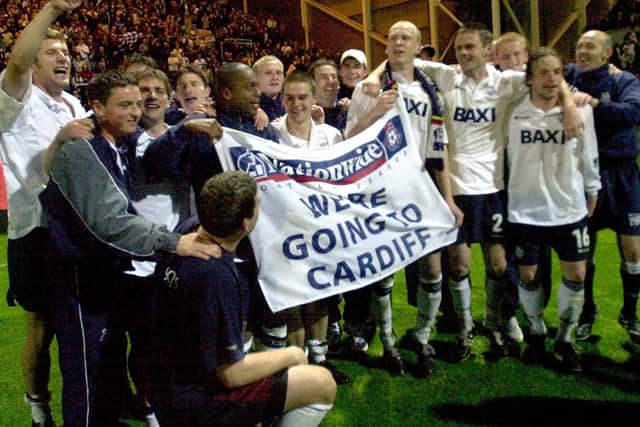 The North End squad celebrate beating Birmingham in the play-off semi-final in May 2001