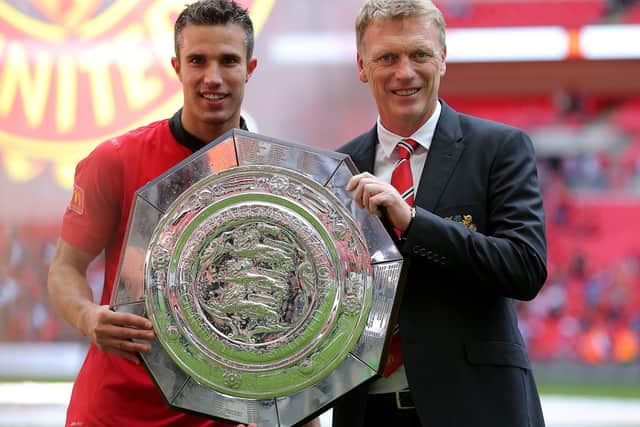 Robin van Persie and David Moyes with the FA Community Shield