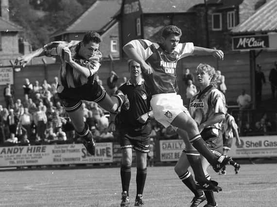 Preston North End winger Gareth Ainsworth is airborne against Scarborough in August 1993