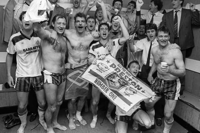 PNE promotion celebrations 1987 - Gary Brazil back row, third from right with no top on