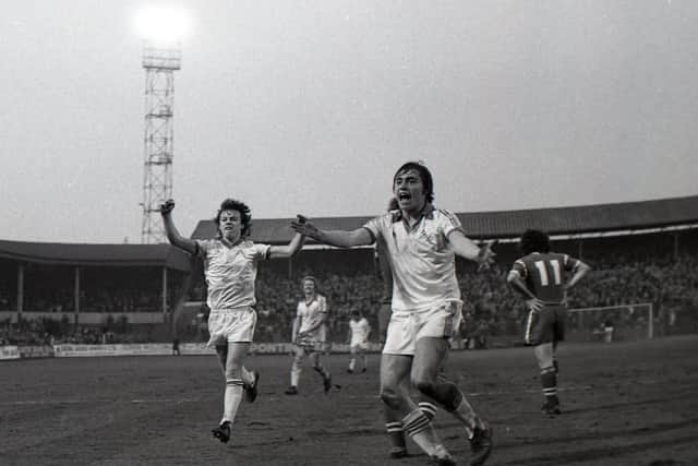 Michael Robinson, right, celebrates scoring for Preston against Leicester City at Deepdale in April 1979
