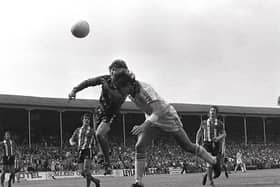 Michael Robinson challenges in the air in Preston North End's 2-2 draw with Sheffield United at Deepdale in August 1978