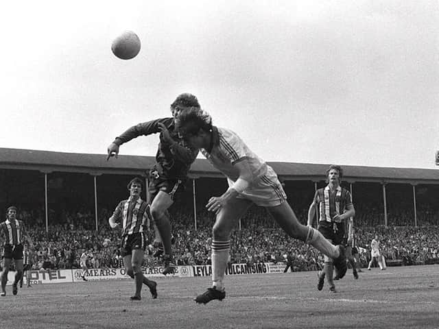 Michael Robinson challenges in the air in Preston North End's 2-2 draw with Sheffield United at Deepdale in August 1978