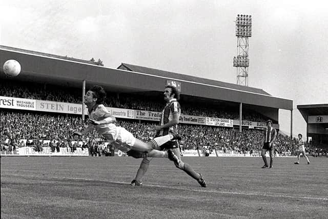 Michael Robinson scores Preston North End's second equaliser against Sheffield United at Deepdale in August 1978