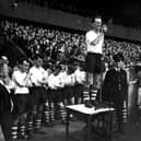 Sir Tom Finney addresses the Deepdale crowd after his last league game for Preston North End on April 30, 1960