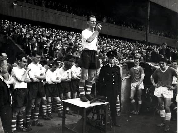 Sir Tom Finney addresses the Deepdale crowd after his last league game for Preston North End on April 30, 1960