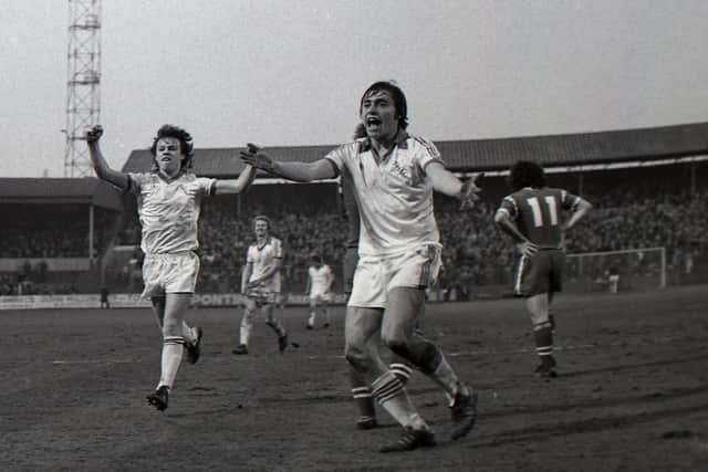 Michael Robinson scores for Preston against Leicester City at Deepdale in April 1979