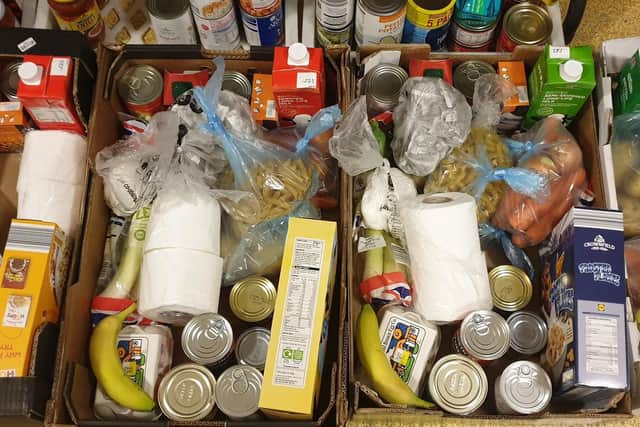 Food collected by the Moss Side Community Centre team to go in care packs for vulnerable people and key workers.