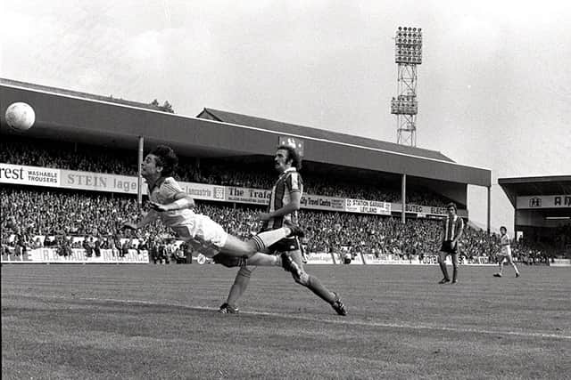Michael Robinson scores for Preston with a diving header against Sheffield United at Deepdale in August 1978