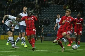 Sean Maguire scores for Preston in the 2-1 victory over Fulham at Deepdale in December