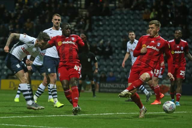 Sean Maguire scores for Preston in the 2-1 victory over Fulham at Deepdale in December