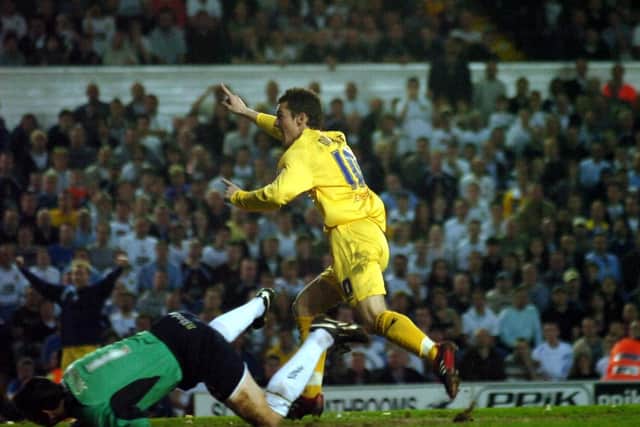 Preston striker David Nugent celebrates after giving his side the lead against Leeds at Elland Road in the first leg of the play-off semi-final in May 2006