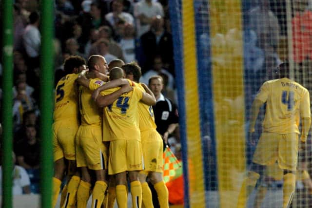 PNE players celebrate David Nugent's goal at Leeds in May 2006
