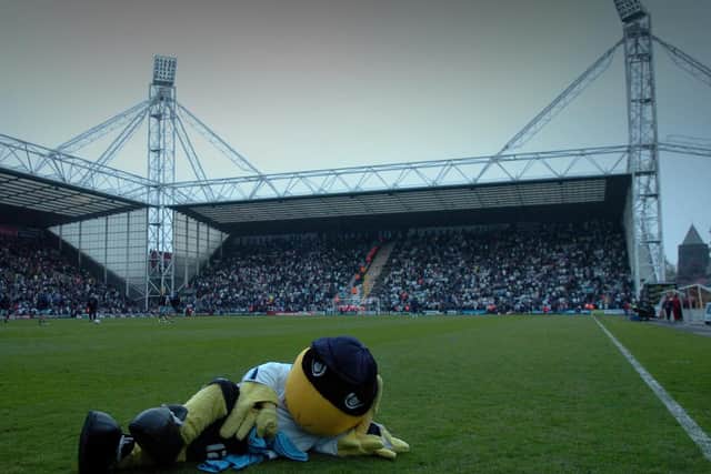 Deepdale Duck relaxes on the pitch as Deepdale is left without lights by a power cut during PNE's play-off semi-final second leg tie against Leeds