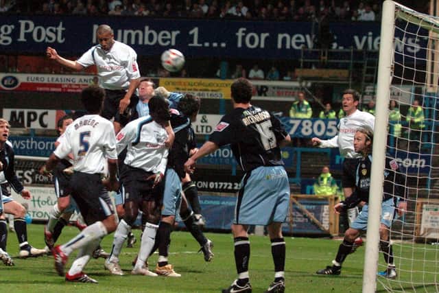 Tyrone Mears heads home for PNE against Leeds in the second leg of the play-off semi-final against Leeds but it was disallowed for a foul
