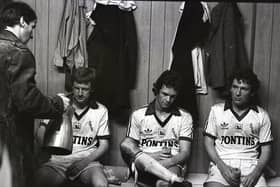 Preston North End players Graham Bell, Steve Elliott and Don O'Riordan in the Baseball Ground dressing room after PNE were relegated on May 6, 1981
