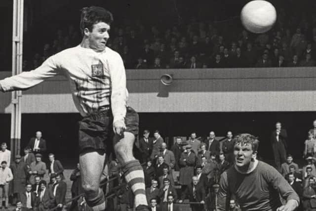 Ernie Hannigan heads home Preston's fifth goal against Cardiff in May 1966
