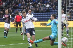 Preston midfielder Paul Gallagher scores against Luton last December at Deepdale