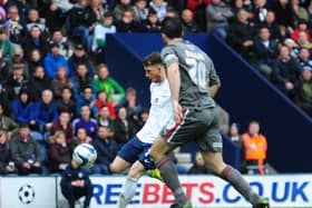 Joe Garner pulls the trigger for his stunning goal for Preston North End against Rotherham in the play-offs in May 2014