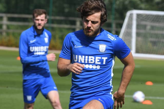 PNE players Ben Pearson and Tom Barkhuizen at Springfields during pre-season training in July last year
