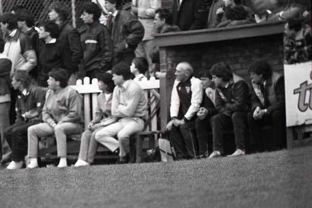 PNE manager Tommy Booth (far right) and his No.2 Brian Kidd (middle) watch the victory over York