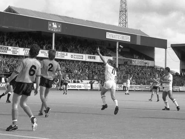 Mark Patterson celebrates scoring Preston North End's last-gasp equaliser against Wolves at Deepdale in May 1989