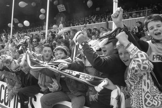 Young PNE fans in the West Stand at Deepdale before PNE's draw with Wolves in May 1989