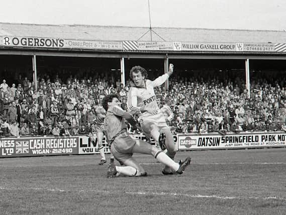Alan Gowling scores for Preston North End against Wigan Athletic at Springfield Park in May 1983