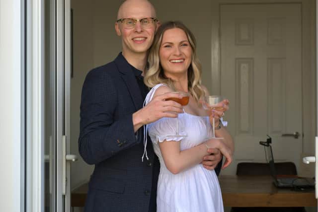 Kirstin Knight 25 and Peter Kneale-Jones 29 were due to be married today, VE Day, May 8, 2020, at the Timberyard in Edinburgh. Instead, they have celebrated their non-wedding wedding day with family and friends on Zoom. Thebride's parents Carole Knight and Chris Knight also live in New Carron and were able to enjoy a sociallydistanced glass of champagne with the couple. The groom's parentsLyn Kneale-Jones andJohn Kneale-Jones are inBolton-Le-Sands and shared a glass with Kirstin and Peter via Zoom.