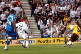 David Nugent fires Preston North End into the lead against Derby County at Deepdale on May 15, 2005