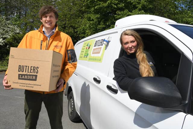 Matthew Hall and Beth Hayes-Bosson of Butlers Larder with their foodboxes and (right) Graham Kirkham