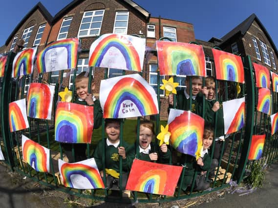 Display of rainbows to praise our carers at St Gregory's Catholic Primary School, in Preston