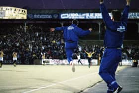 Preston North End boss John Beck jumps for joy celebrating Paul Raynor's winner against Torquay at Deepdale in the play-offs in May 1994