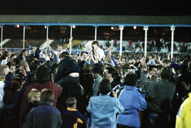 David Moyes and Paul Raynor are carried on the shoulders of fans after Preston's 4-1 win over Torquay in the play-offs