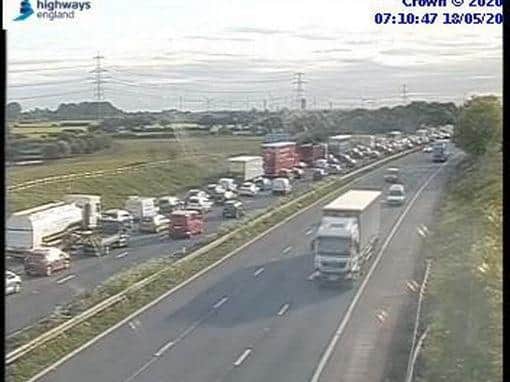 Emergency services rushed to a "serious collision" on the M56 eastbound involving a pedestrian and a HGV.