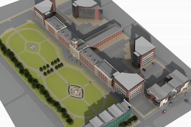 Overhead view of proposed Preston Business Centre development, showing a hotel in the south east corner, retail units to the east and four new towers surrounding the main former workhouse building (image: 1618 Architects)