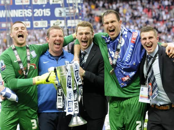 Thorsten Stuckmann (second right) with Sam Johnstone, Alan Kelly, Jamie Jones and Steve James after Preston North End's play-off win at Wembley in 2015