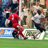 Jason Harris scores his first goal for Preston North End against Chesterfield in August 1998