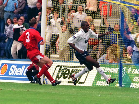 Jason Harris scores his first goal for Preston North End against Chesterfield in August 1998