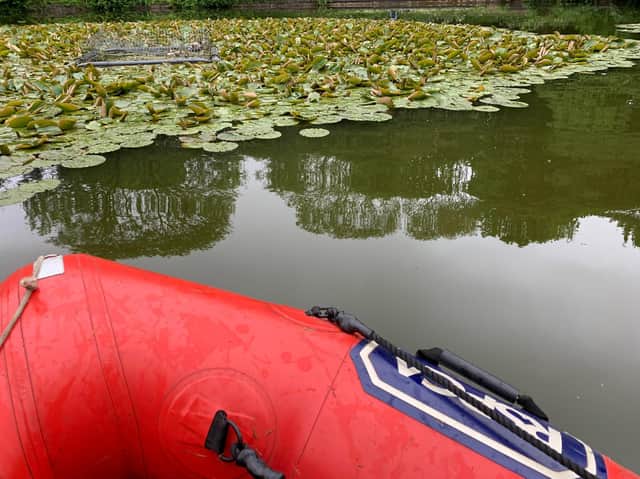 RSPCA rescuers row out to the trapped duck