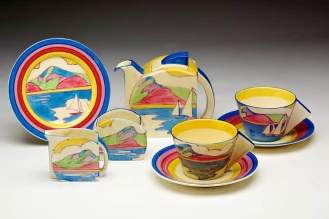 Tea set by Clarice Cliff in the Harris Museum's Ceramics and Glass Gallery. It was painted with Gibraltar seascape, and dates from 1932