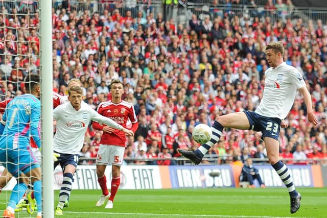 Paul Huntington scores for Preston North End against Swindon at Wembley in the Leaguer play-off final in May 2015
