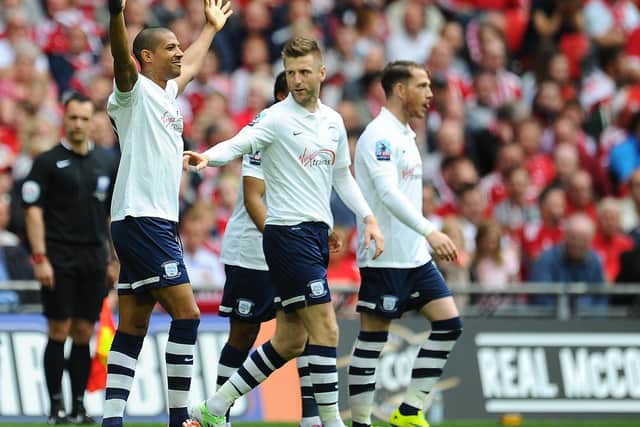 Jermaine Beckford with Paul Gallagher and Joe Garner after giving PNE the lead in the play-off final at Wembley against Swindon