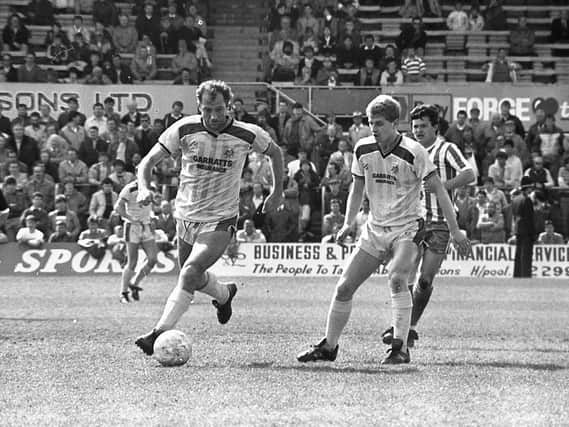Frank Worthington and David Miller in action for Preston North End in their 2-2 draw at Hartlepool in May 1987