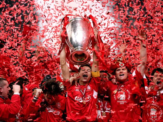 Liverpool captain Steven Gerrard lifts the UEFA Champions League trophy in 2005
